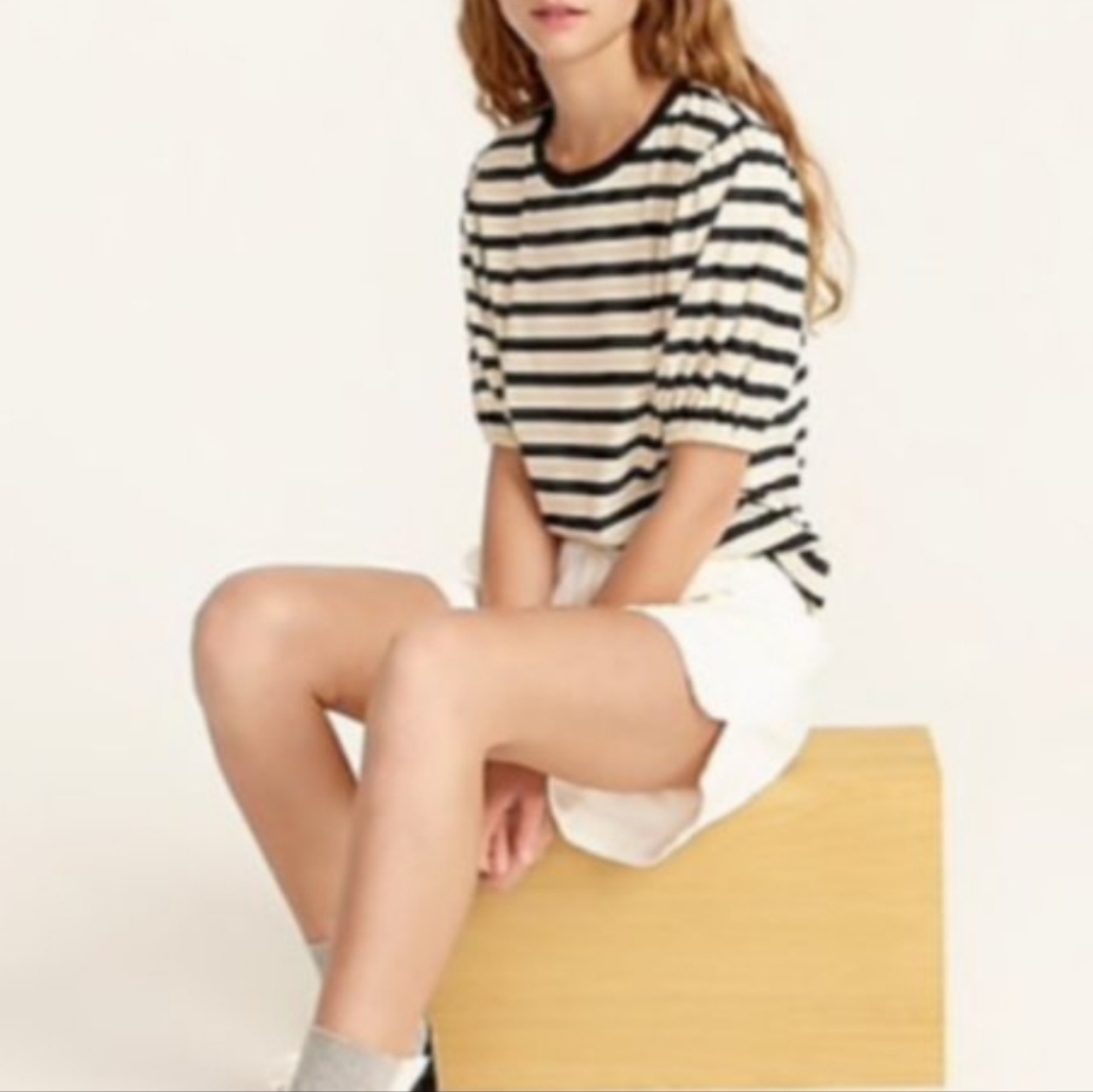 J. Crew Black And Cream Loose Fit Striped Short Ballon Sleeve Preppy Tee